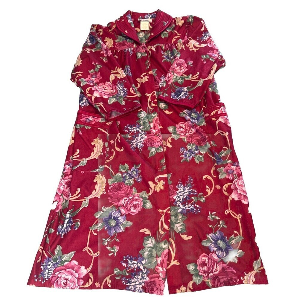 VTG Lady Manhattan CRANBERRY Floral Long Sleeve Snap Down Robe Sz Large